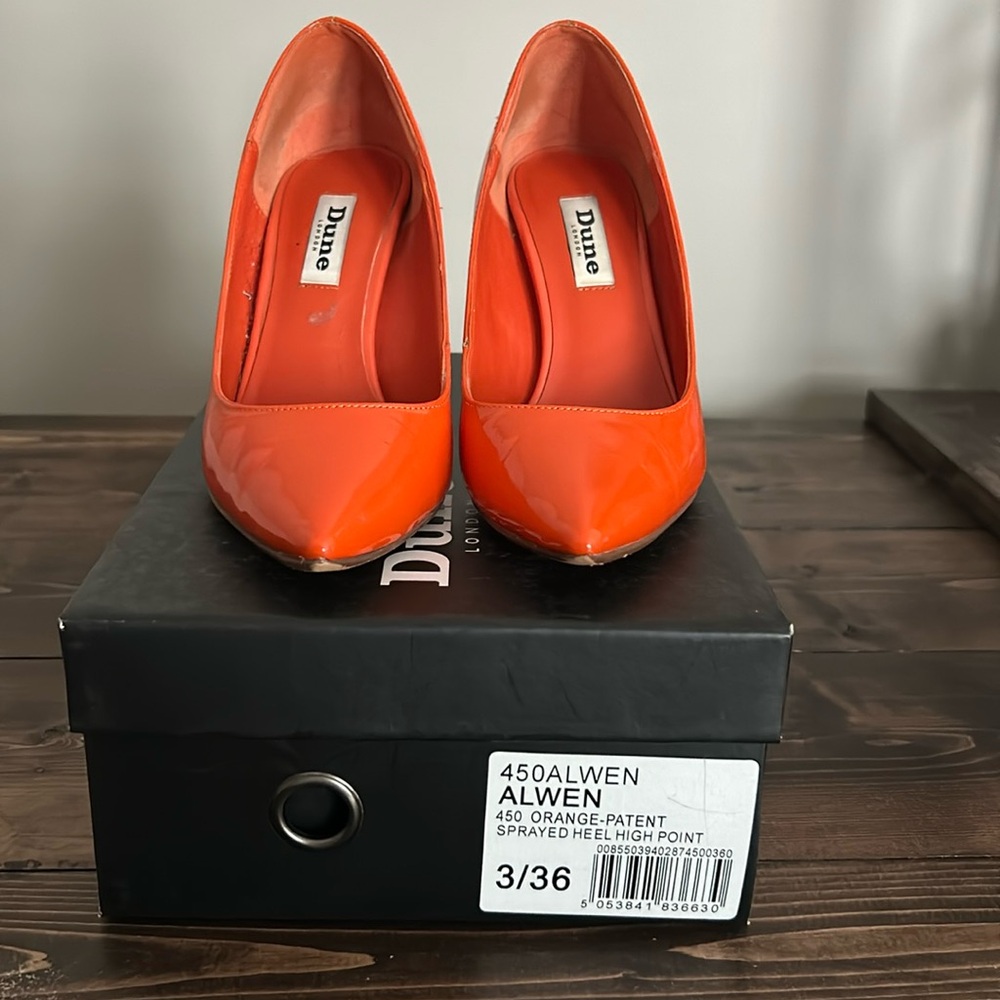 Dune Orange patent court shoes. Size 6 (UK3). 3.5 inch heel. Used.
